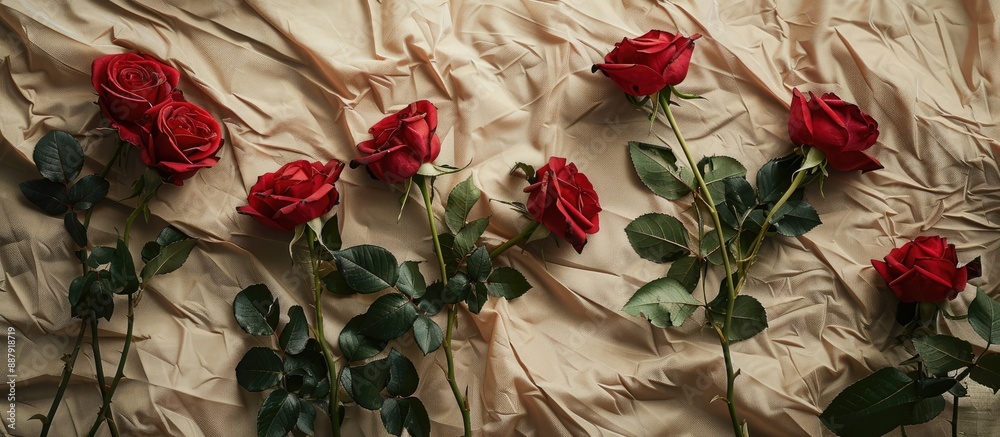 Aufkleber image featuring a group of red roses on a patterned light brown sheet captured from a high angle vie