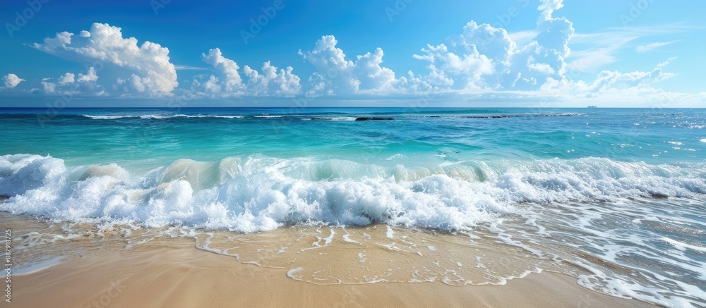 Aufkleber Beach scene with sandy shore and ocean waves in a tropical setting is captured in the copy space image