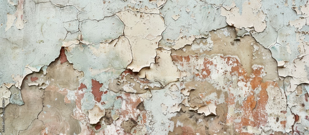 Poster copy space image of a weathered wall with peeling paint as a grunge background and texture