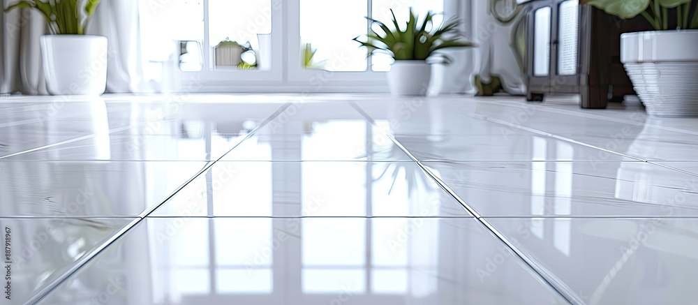 Poster White tiles neatly arranged on the floor in a house with selective focus creating a clean and bright atmosphere for a copy space image