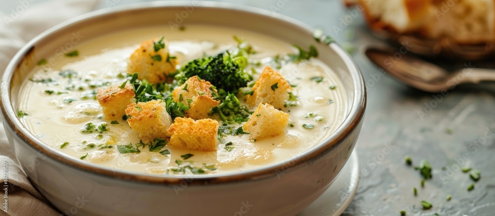 Poster a homemade healthy vegetarian food a white bowl of broccoli and cheddar cheese cream soup topped wit