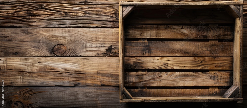 Poster Wooden background with an empty wood crate providing copy space image
