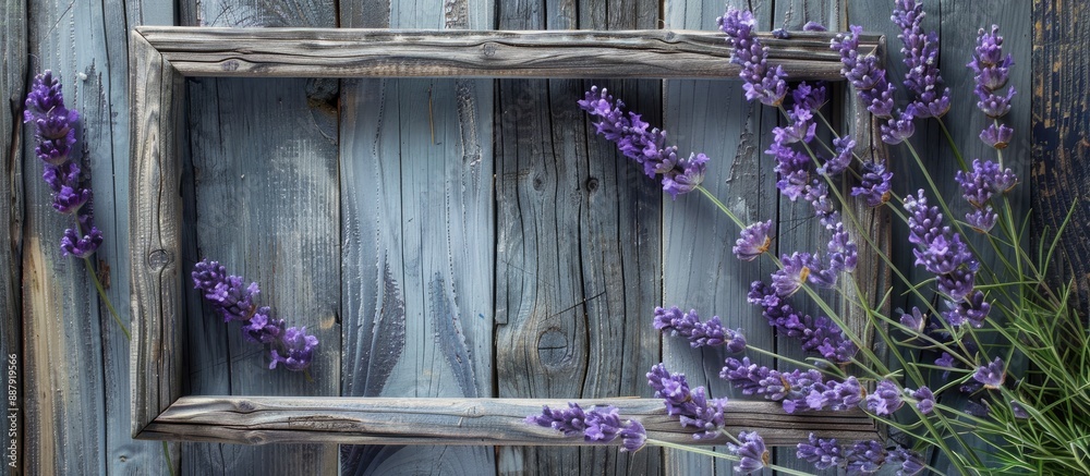Poster Selective focus on a lavender frame against a rustic wooden backdrop with empty space for text or image insertion. with copy space image. Place for adding text or design