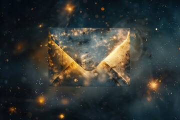 Fototapeta premium Cinematic depiction of an envelope floating in space. The background is dark yet mystical, creating depth against the bright light shining from within the envelope. 