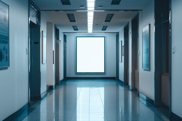 empty poster frame mockup in a well-lit university campus corridor, ideal for educational advertisements and academic promotions. Photo