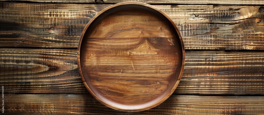 Leinwandbilder top view of a round wooden plate or tray set against a rustic wooden backdrop with sufficient vacant