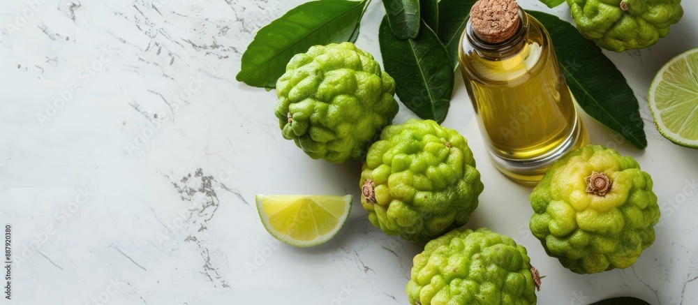 Leinwandbilder fresh bergamot fruits and a bottle of essential oil displayed together on a white marble table with 
