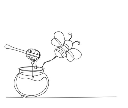 recommend clip art: Continuous one line drawing of honey pot and flying bee. Simple illustration of honey bee on the glass jar line art vector illustration.