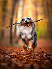 Dog, Lucky Australian Shepherd running with sticks the autumn forest, Pet in Nature, trekking, hiking, travel