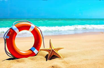 Obraz premium Starfish and lifebuoy on the sea beach