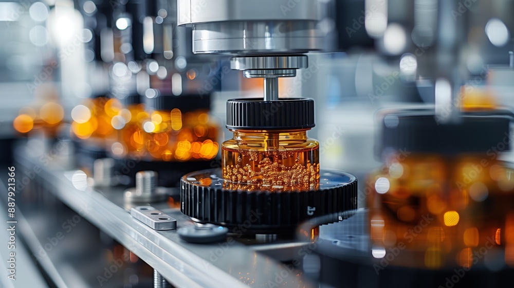 Poster a close-up view of an automated machine processing sample bottles in a pharmaceutical factory.