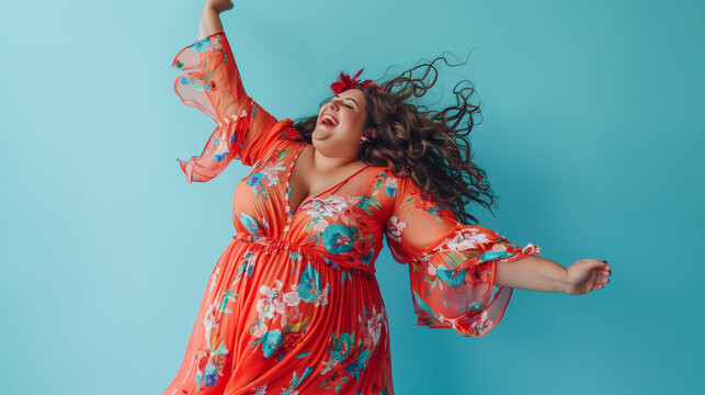 Joyful and brightly coloured image of a curvy plus sized woman dancing in a floaty dress, beautiful body positivity, landscape format 16:9