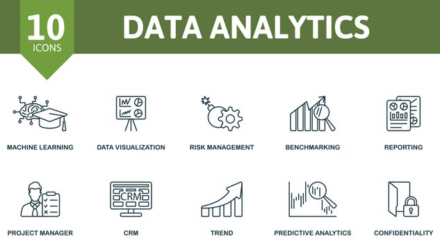 Data Analytics thin line icon set. Machine Learning, Data Visualization, Risk Management, Benchmarking, Reporting, Project Manager, Crm, Trend, Predictive Analytics, Confidentiality icons and more