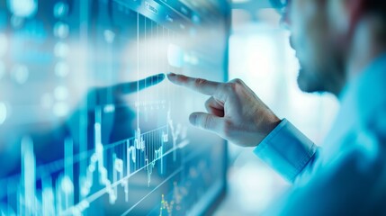 businessman analyzing data on interactive touch screen display - financial market trends, technology innovation and digital growth concept.