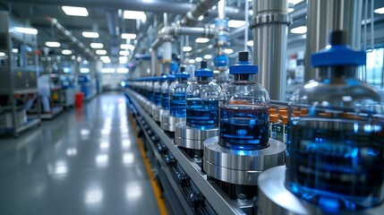 Fototapeta premium Close-up of industrial conveyor belt with large blue liquid-filled containers moving along surrounded by metal piping and machinery.
