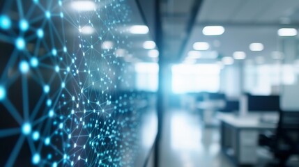 futuristic digital network visualization on large screen in modern office interior.