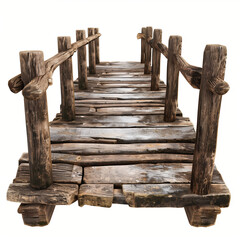 Obraz premium Wooden dilapidated bridge covered with snow in perspective isolated on white background