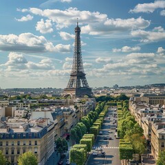 Panoramic view of the Eiffel tower, on the Parisian buildings in the center, Arc de Triomphe de l'Atoile, located on the Charles de Gaulle square, and at the western end of the Champs ElysAes avenue