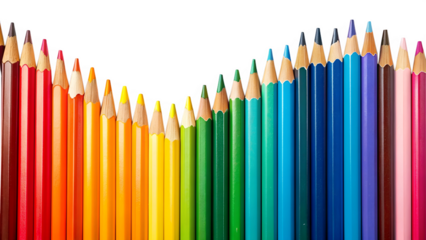 Wooden Pencils Arranged in a Colorful Wave on a Transparent Background
