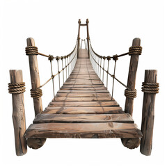 Fototapeta premium Suspended white wooden bridge, front view, distant perspective, isolated, on white background