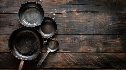 Kitchen pans on rustic wooden background