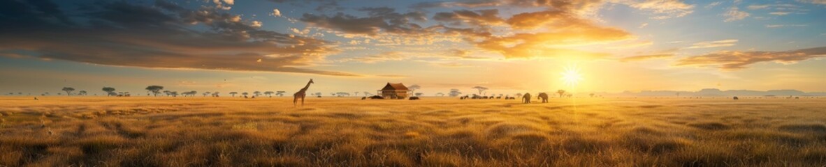 Obraz premium african savanna sunset with silhouettes of giraffes and trees - golden hour landscape photography