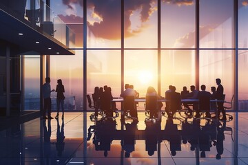 Business Meeting in Modern Conference Room at Sunset: Collaboration and Business Innovation