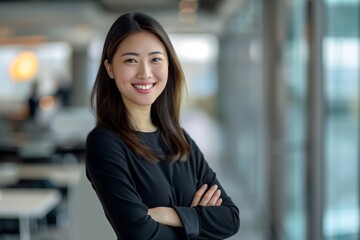 Confident Chinese Businesswoman Smiling in Modern Office: Leadership and Professionalism