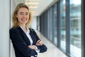 Confident businesswoman smiling with arms crossed in a modern office building