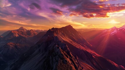 Stunning Sunset Over Mountain Range: Natural Beauty and Mountain Landscapes
