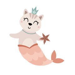 Mermaid clipart. Cute mermaid animal clipart in cartoon flat style. Ocean clip art. Nautical Hand drawn vector illustration