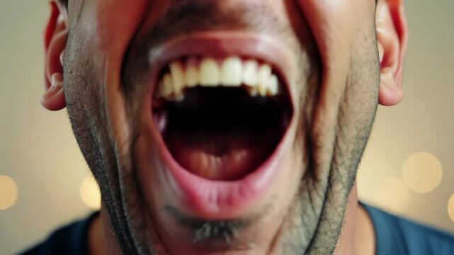 Extreme closeup of man yawning widely, showing teeth and tongue