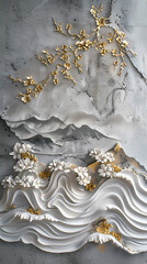 Volumetric stucco molding on a concrete wall with silver and gold elements. sea ​​and mountain landscape