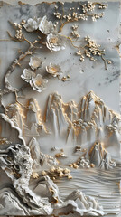 Volumetric stucco molding on a concrete wall with silver and gold elements. sea ​​and mountain landscape