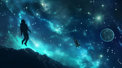 Fototapeta premium Night landscape with Silhouette of a astronaut jumping starry night with big steampunk spaceship 