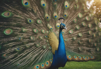 Obraz premium A peacock displaying its feathers in a garden, sunny day.