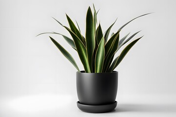  Snake plant in black pot white background, AI Generated