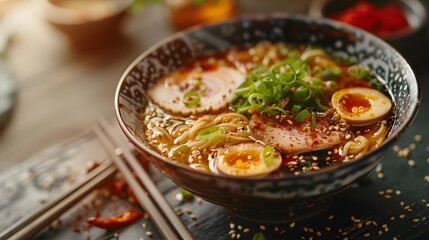 Authentic Japanese ramen bowl with tonkotsu broth
