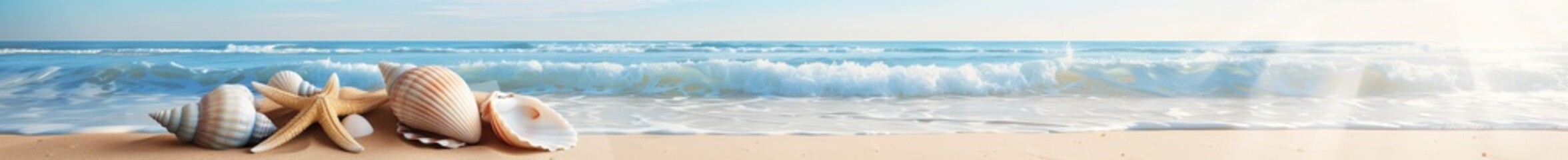 seashells on the beach with blurred ocean waves background - tranquil summer coastal scene with copy space.