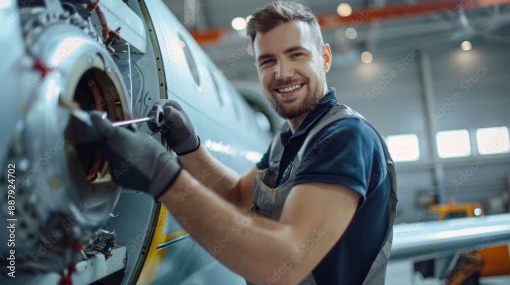 Poster a man is smiling while working on an airplane
