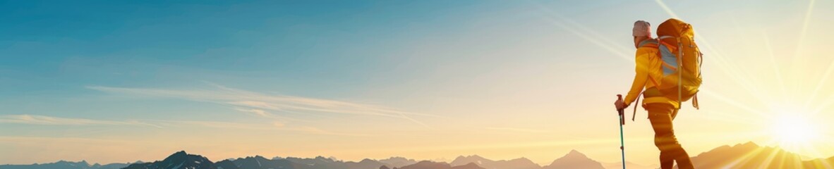 woman hiking mountain peak at sunset with backpack and trekking poles, silhouettes of mountain ranges, orange and blue sky