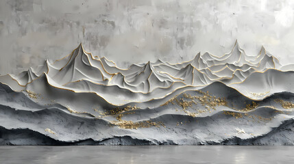 Volumetric stucco molding on a concrete wall with silver and gold elements. sea ​​and mountain landscape