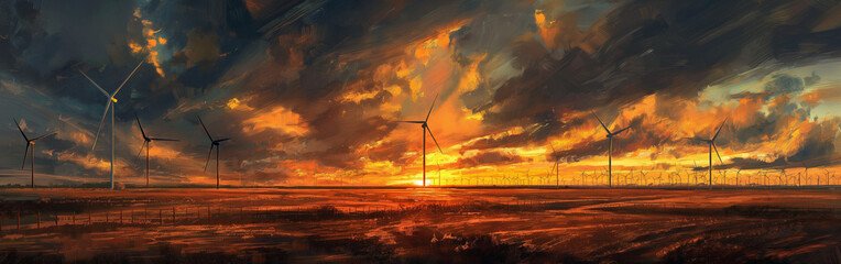 Wind turbine field at filds, blue sky