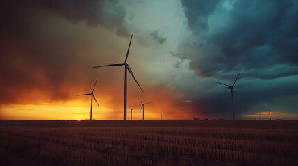 Fototapeta premium Wind turbine field at filds, blue sky