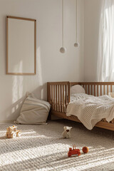 Poster frame mockup in kid’s room with wooden bed and some toys on the floor, 3d render.