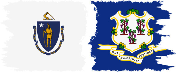 Connecticut and Massachusetts states grunge brush flags connection, vector