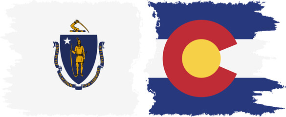 Colorado and Massachusetts states grunge brush flags connection, vector