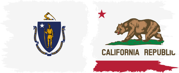 California and Massachusetts states grunge brush flags connection, vector