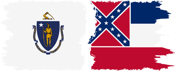 Mississippi and Massachusetts states grunge brush flags connection, vector