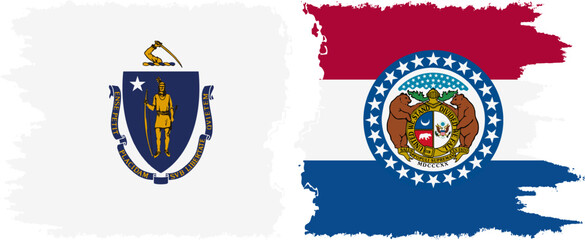 Missouri and Massachusetts states grunge brush flags connection, vector